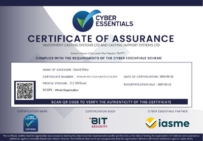 Investment Casting Systems Ltd & Casting Support Systems Ltd - joint Cyber Essentials Certificate thumbnail